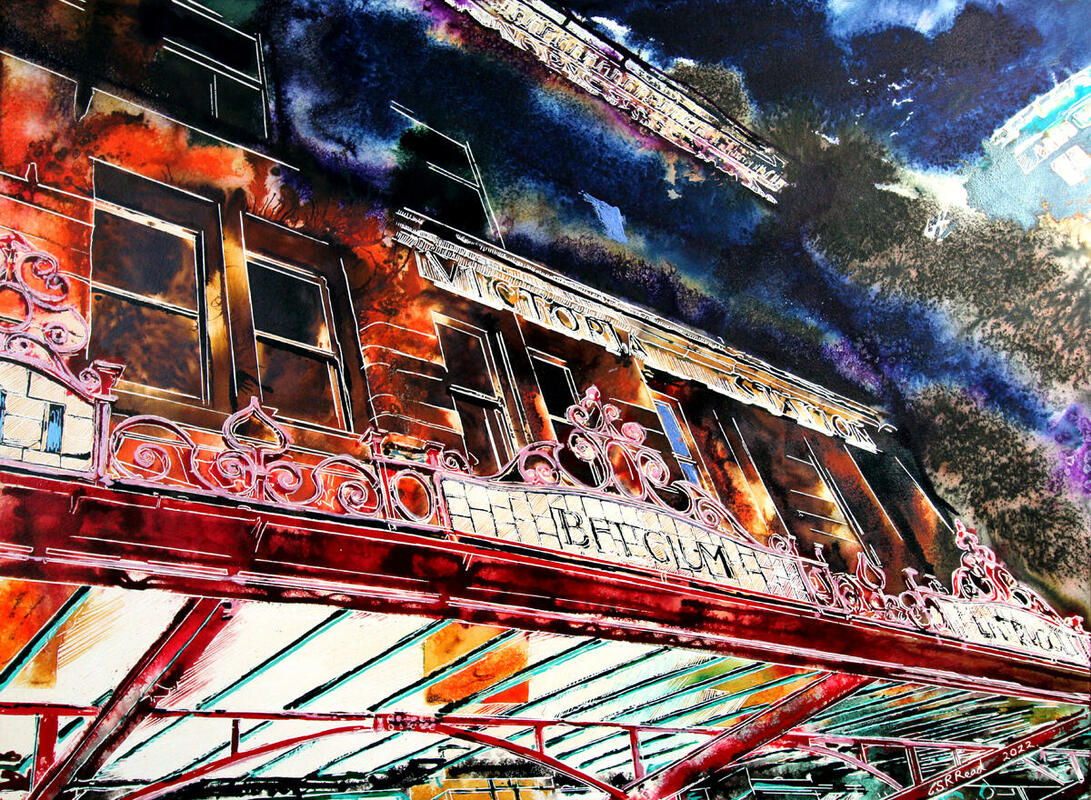 Painting of Victoria Station in Manchester, with destination names, by artist Cathy Read