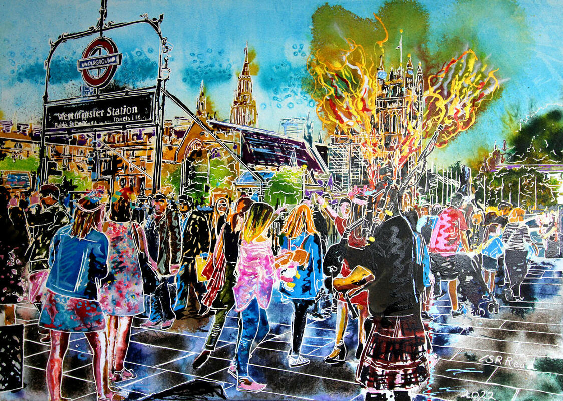 Painting of Bagpipe busker with flames coming from pipes in Westminster, London by artist Cathy Read