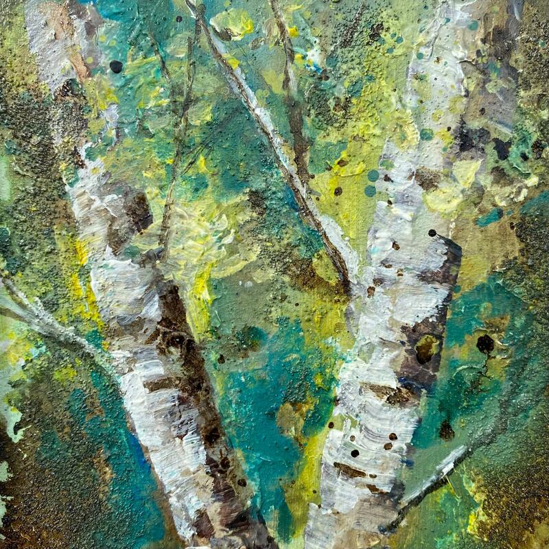 Silver Birches in Summer Light, Mixed Media on panel, 28cm framed, £75