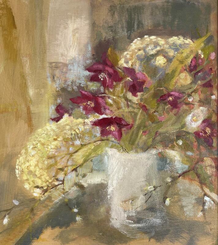 Spring flowers in a white jug - oil on board
