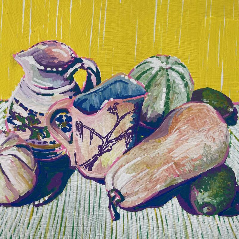 Painting of a kitchen table still life scene with jugs and butternut squash 