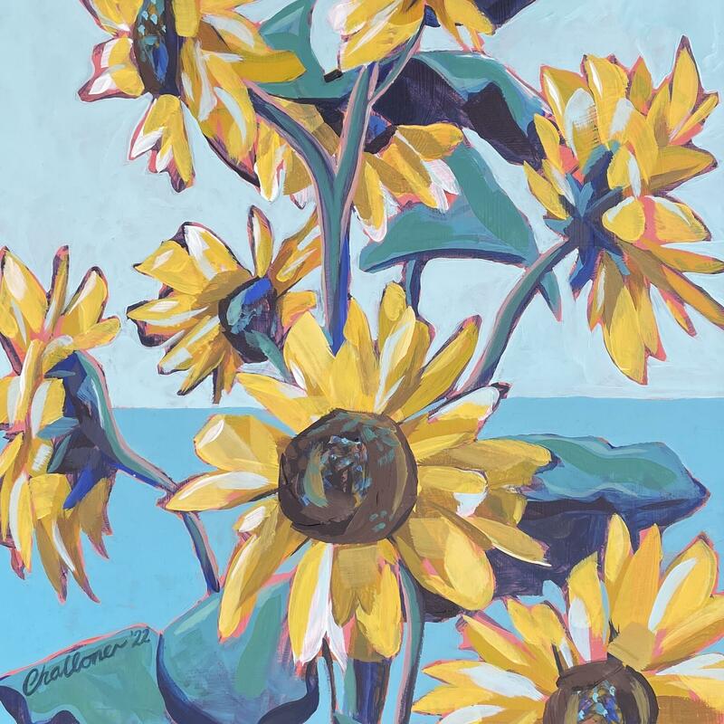 Painting of yellow sunflowers on a turquoise background