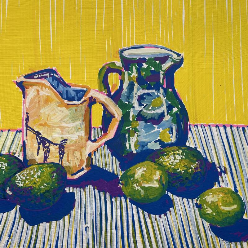 Painting of a kitchen table still life scene with jugs, avocados and limes