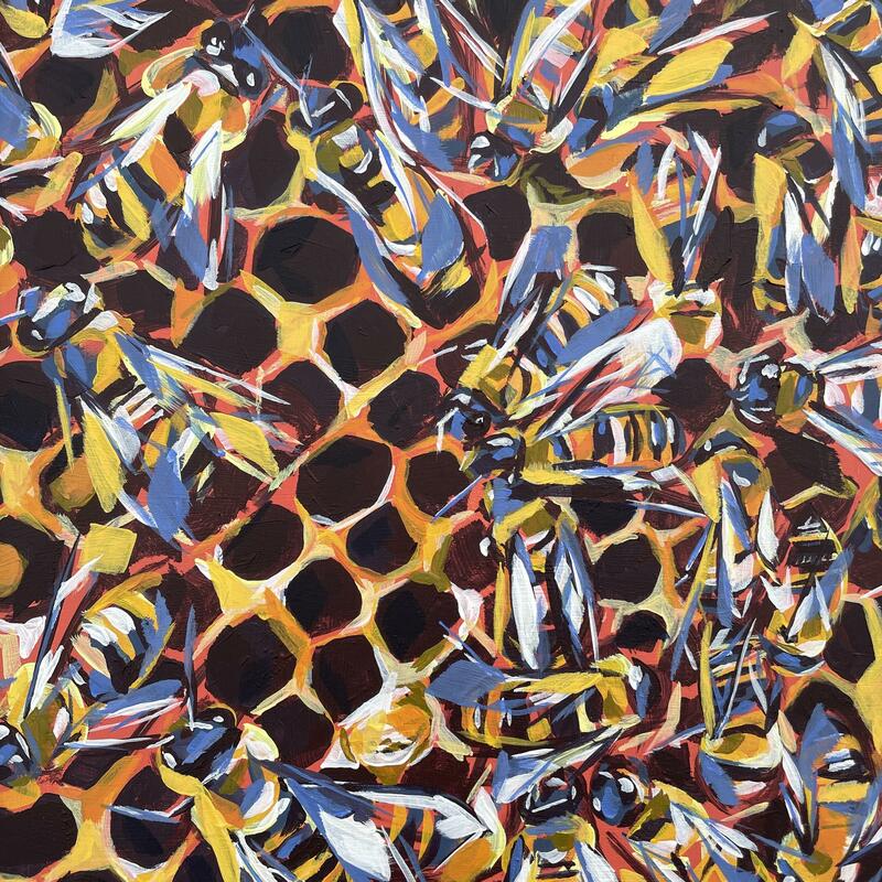 Painting of colourful bees crawling over a honeycomb frame