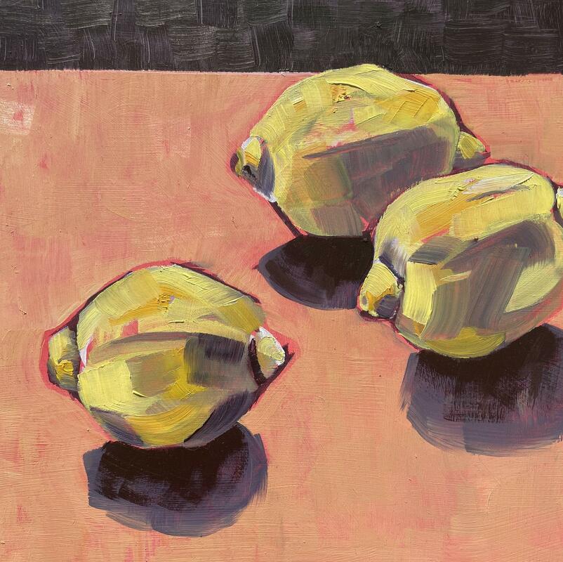 Painting of 3 lemons on a pink-brown surface