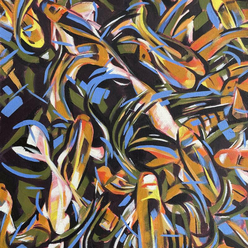 Painting of a view looking down into a pool of colourful fish