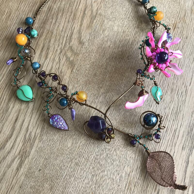 ‘Enchanted forest’ necklace, copper and gemstones 