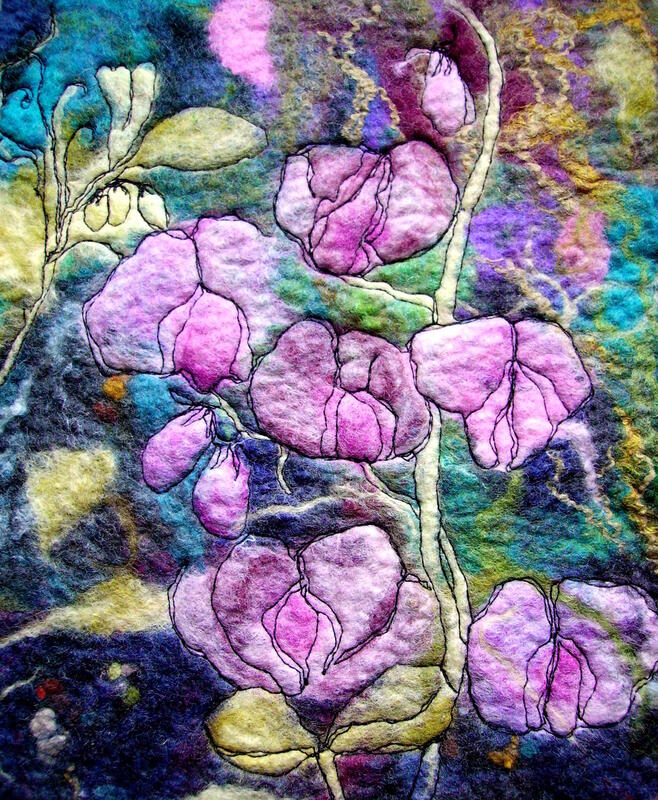 Sweetpeas £75 - Framed Handfelted Embroidery by Elaine Newson