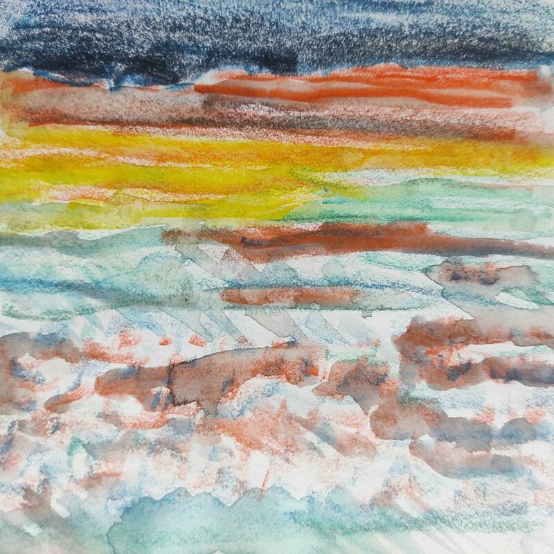 Water soluble coloured pencil drawing of a orange and yellow sunset