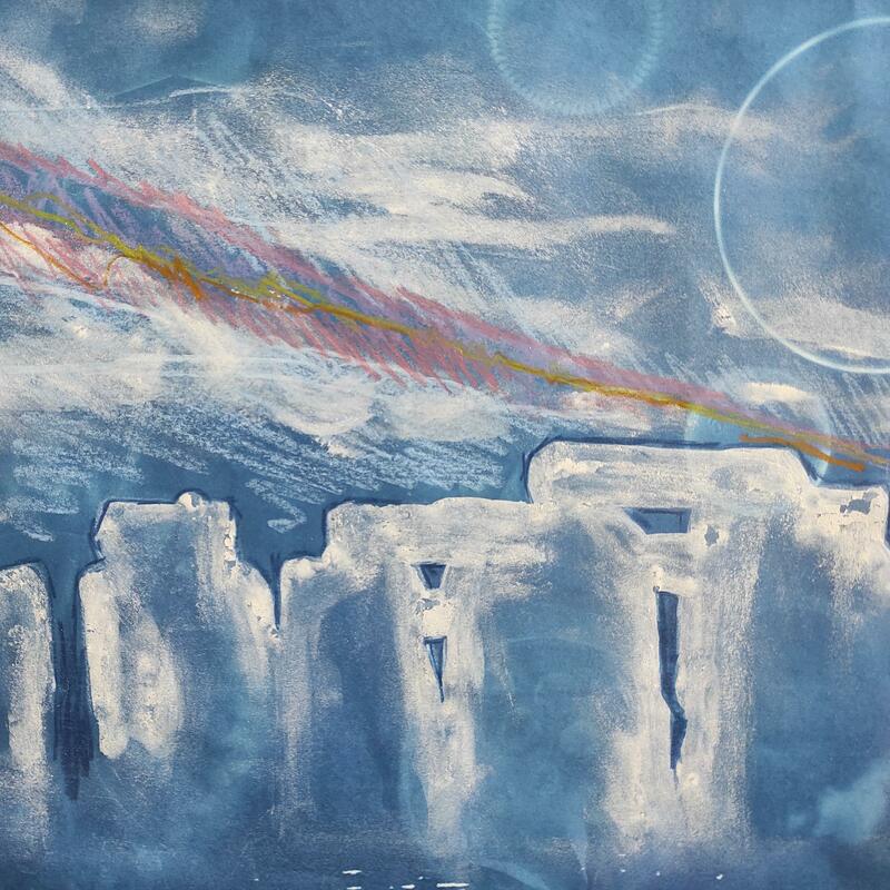 blue cyanotype with chalk image of stonehenge and colourful pink sky