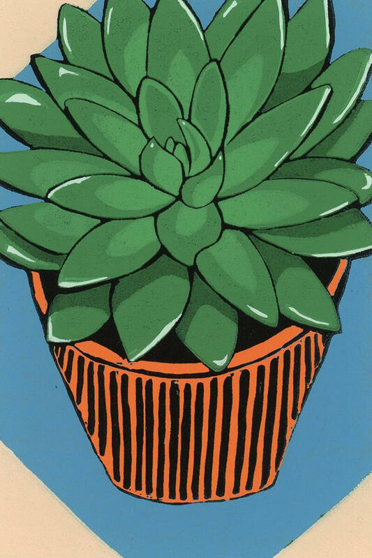 Original lino print of a Echeveria plant 