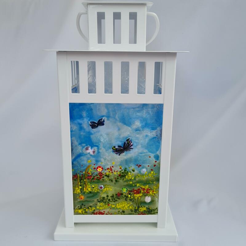 Large lantern with butterfly and spring flowers