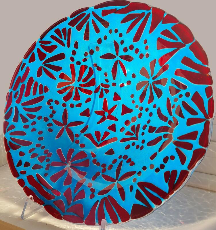 Large glass bowl in turquoise and scarlet red