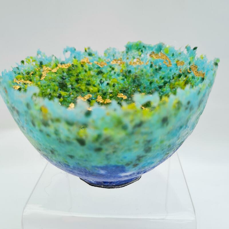 Small pate de verre bowl green, blue and turquoise.