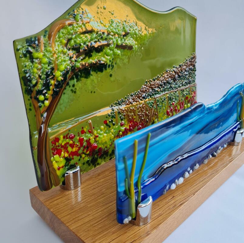 Double glass lanscape wave on wooden stand