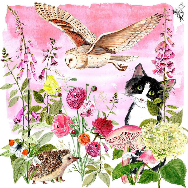 Nell and friends in Garden. 50x50cm Giclee Print