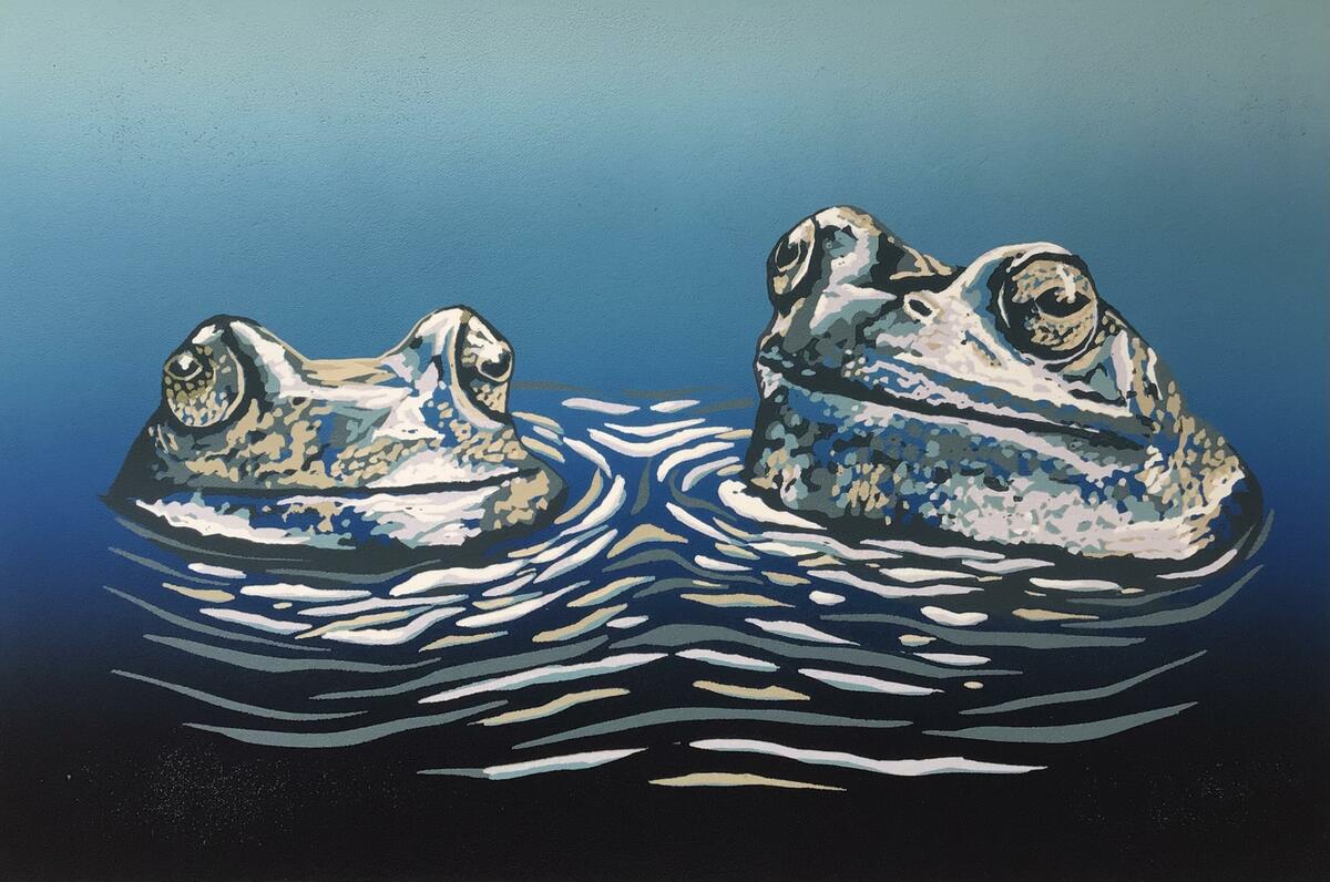 Two frogs, linocut by Gerry Coles