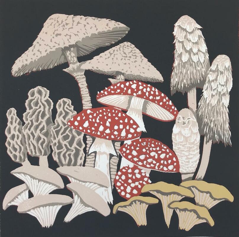Mushroom medley, linocut by Gerry Coles