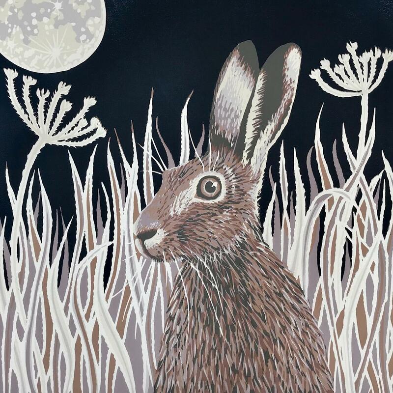 The hare and hoarfrost linocut by Gerry Coles