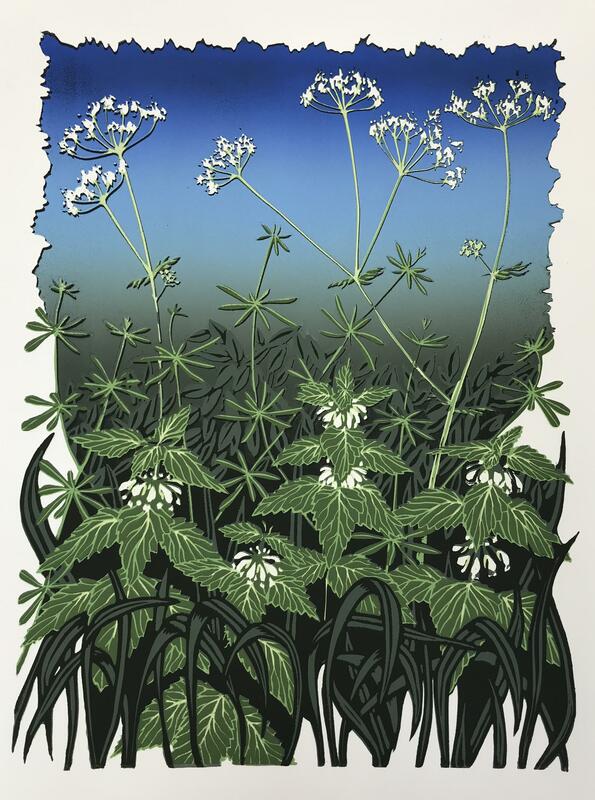 Spring greens linocut by Gerry Coles