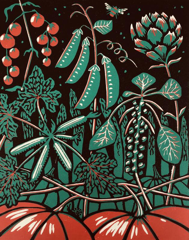 The Veg garden linocut by Gerry Coles