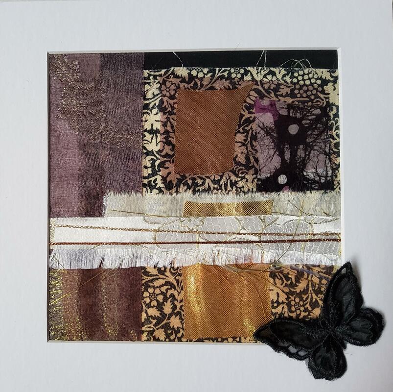 Dark Landing - Lace butterfly landing on a fused fabric collage 20 x 20cm
