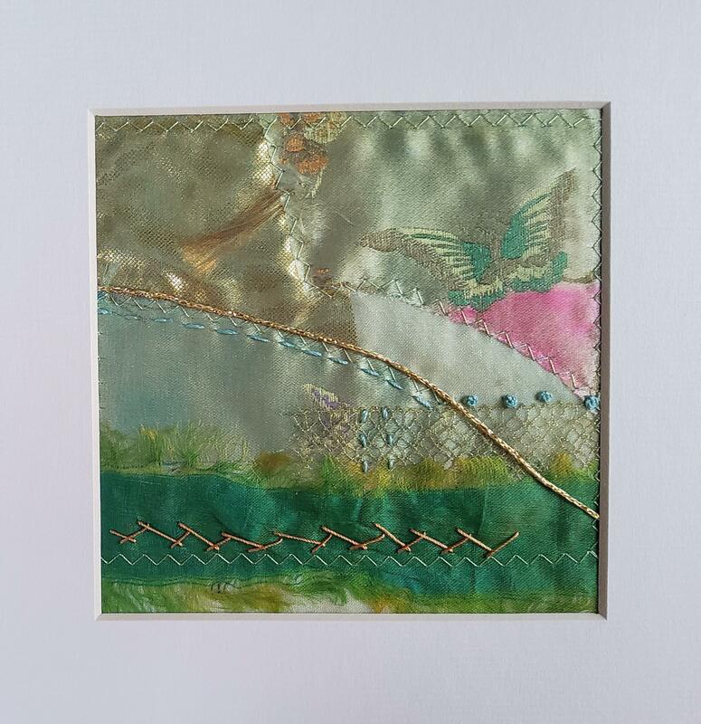 Green Piece - found lush silk and satin, machine and hand embroidered 18 x 18 cm