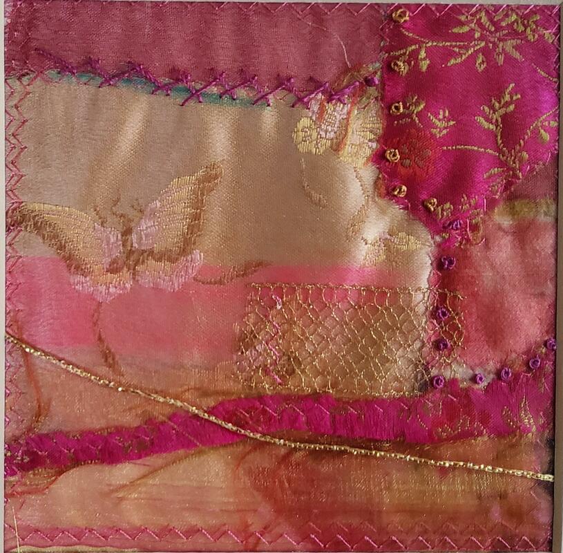 Pink Flight - found satin fabric, pieced, machine and hand embroidery 18 x 18cm