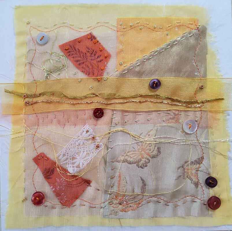 Sunshine - collaged fabric, machine and hand embroidery 20 x 20cm