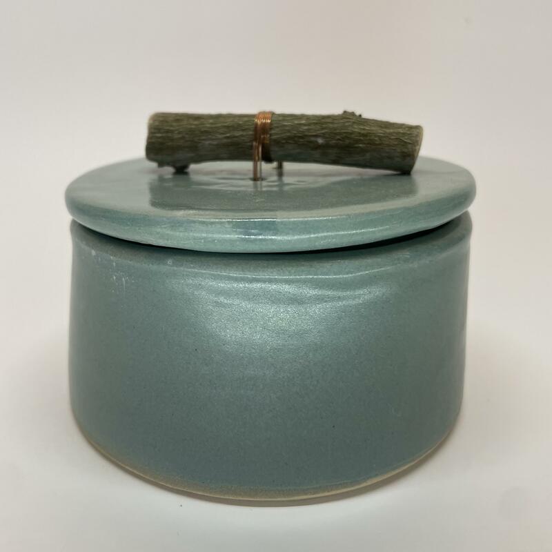 Green lidded pot, with wisteria handle. 