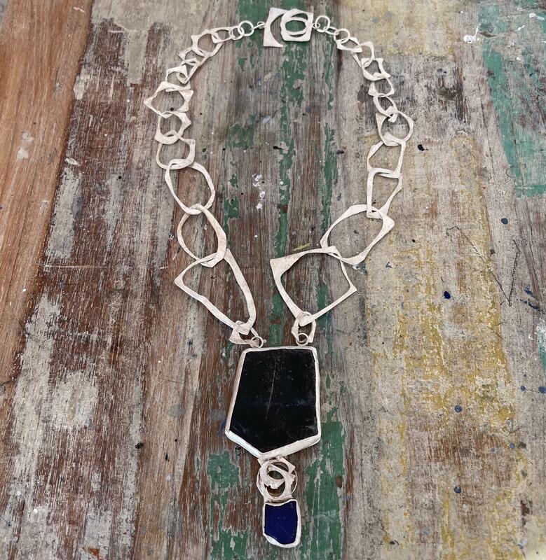 Sterling silver, slate & seaglass necklace