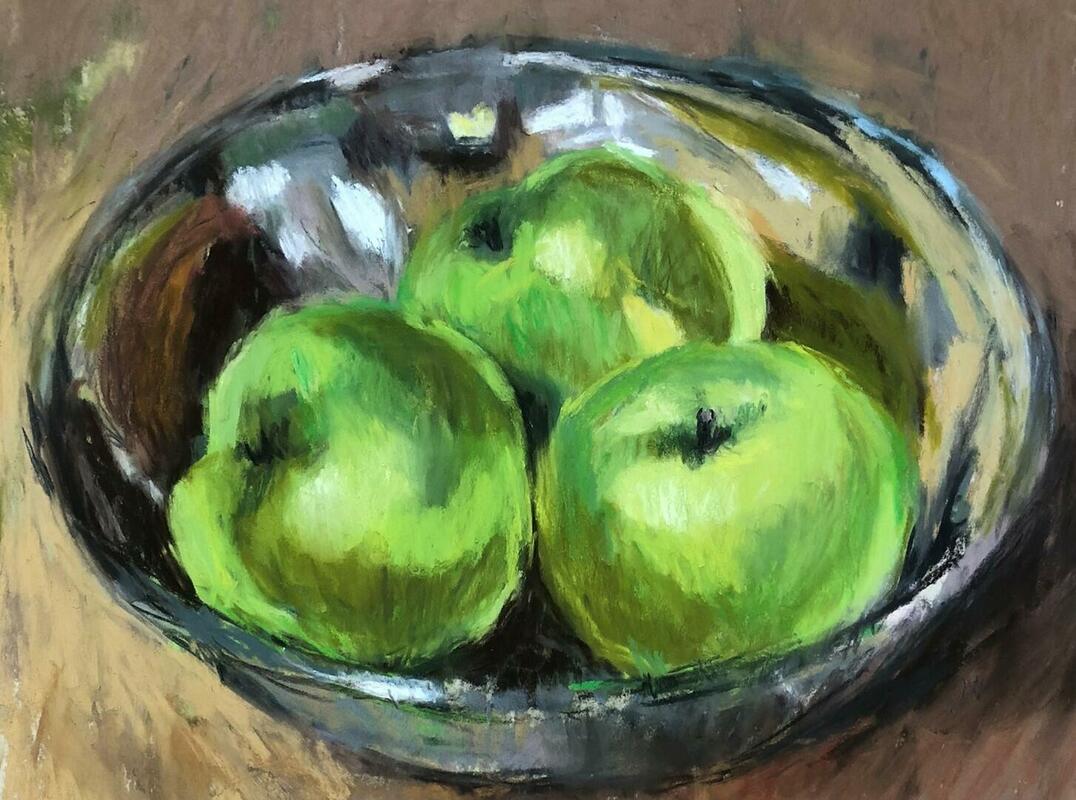Green Apples in the new bowl. Pastel