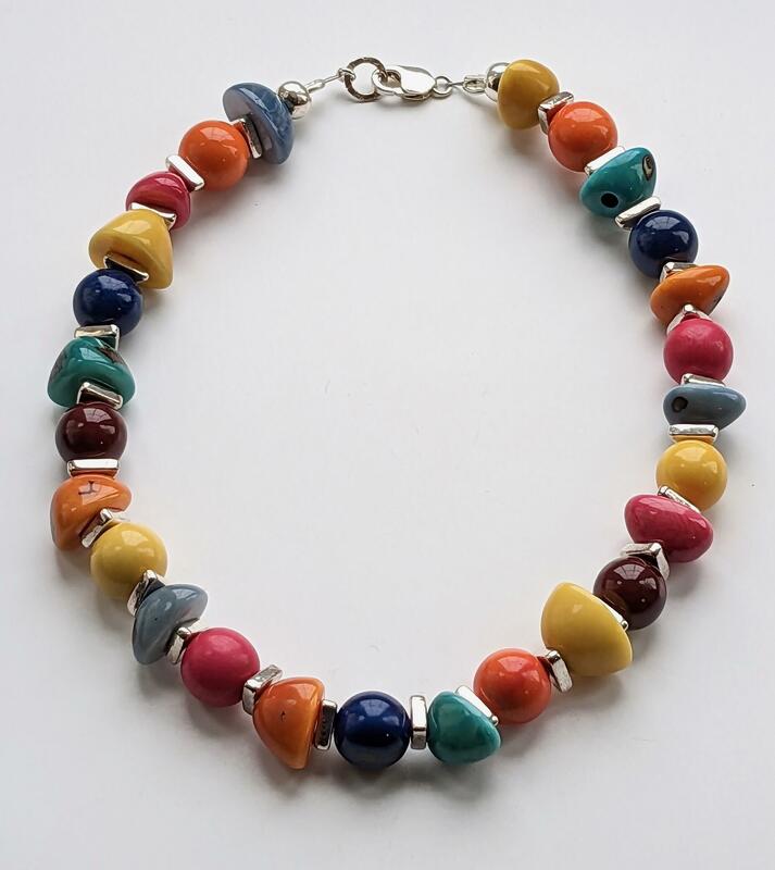 Glossy colourful tagua nut beads with silver