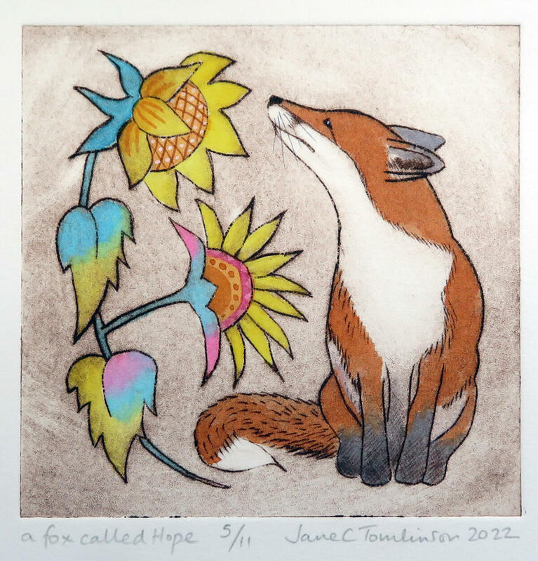A fox called Hope - a small drypoint tinted with watercolour
