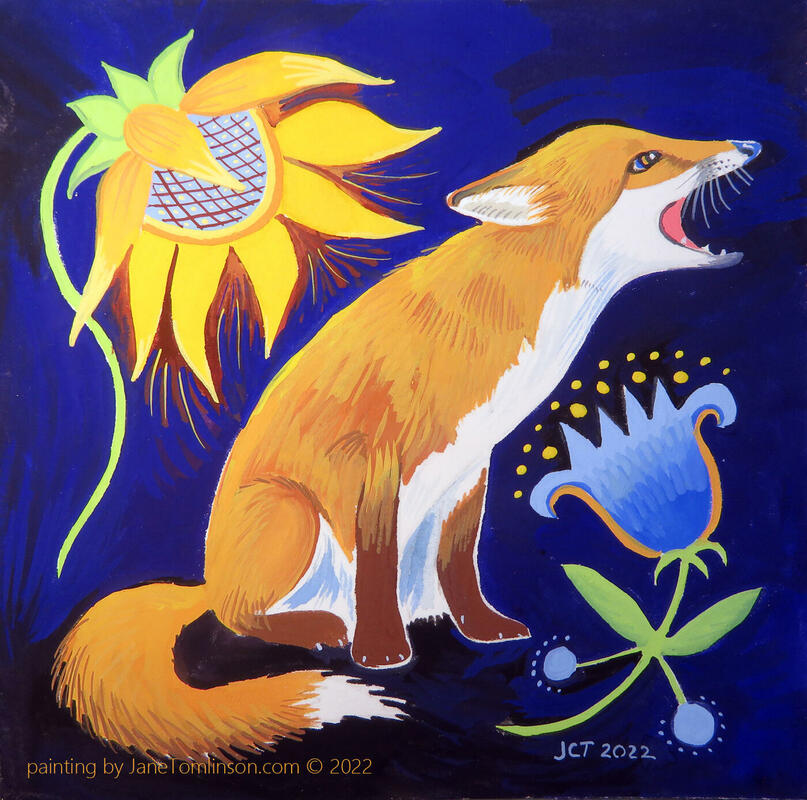 Fox calling - a tiny painting in gouache