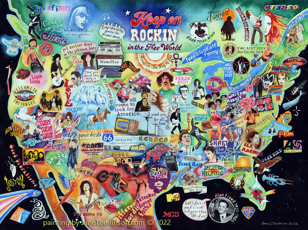 "Keep on Rockin' in the Free World"  - a map of North American Rock Music, showing more than 100 artists & bands