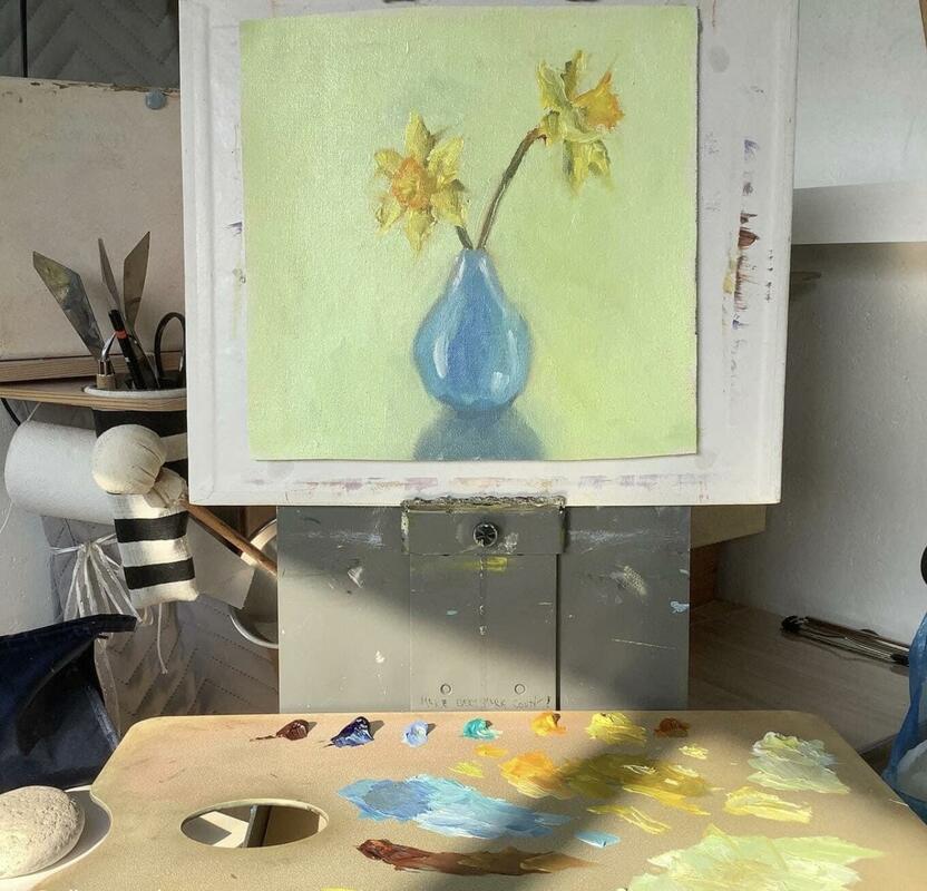 Yellow Daffodils and Blue Vase  (oil on linen)