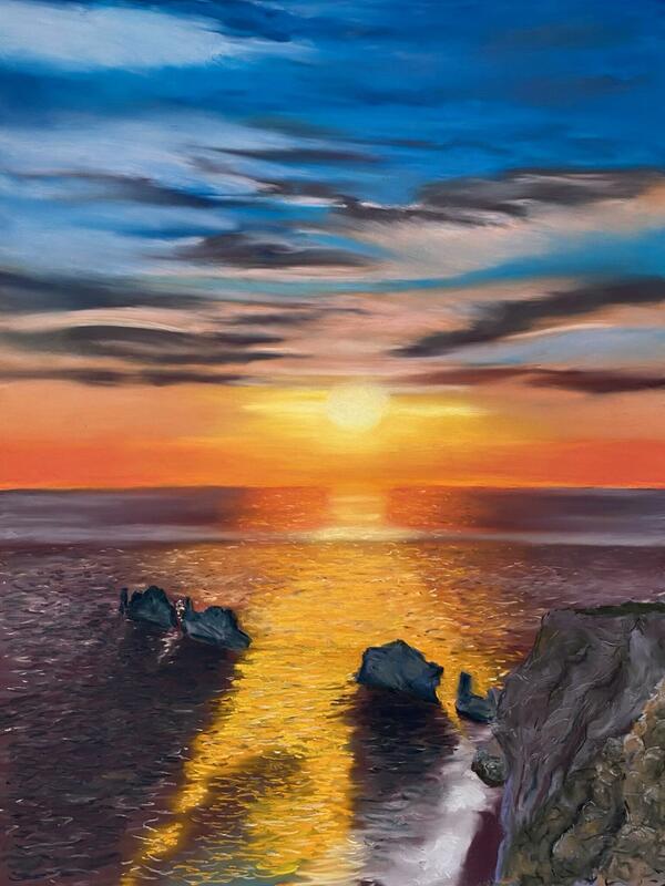 Sunset over The Needles, IOW. Pastel on paper. 