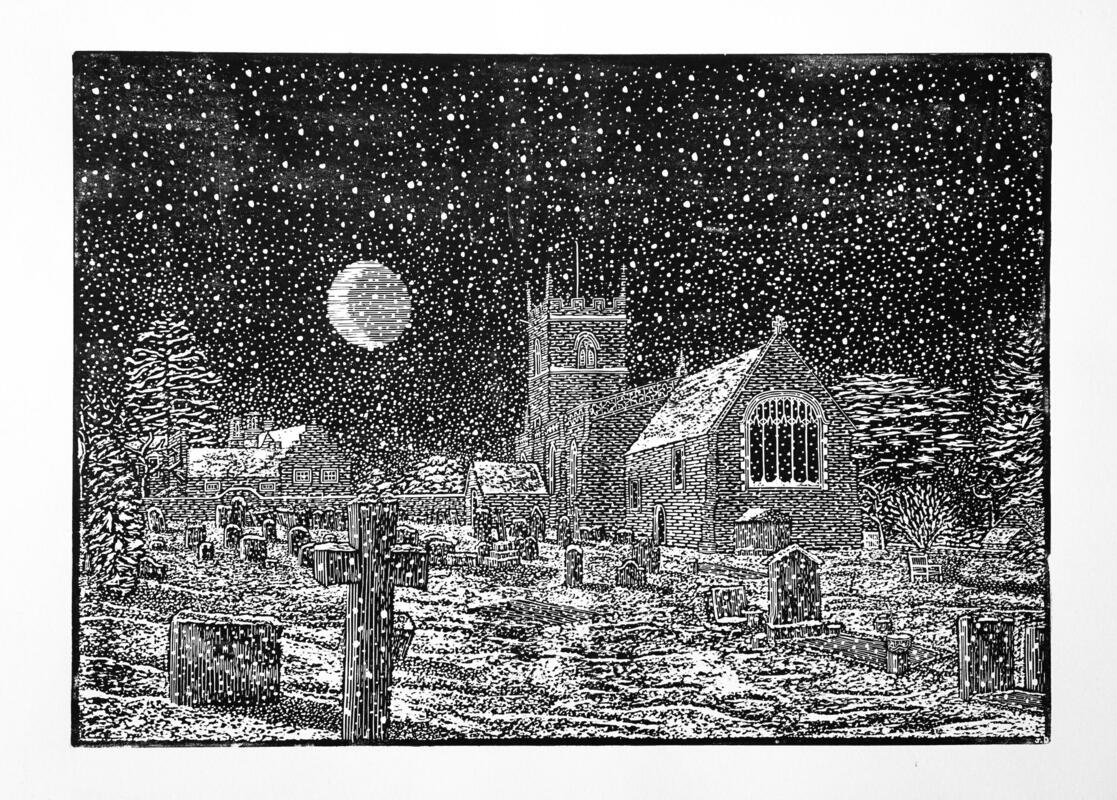 Oxfordshire church on a snowy winter night