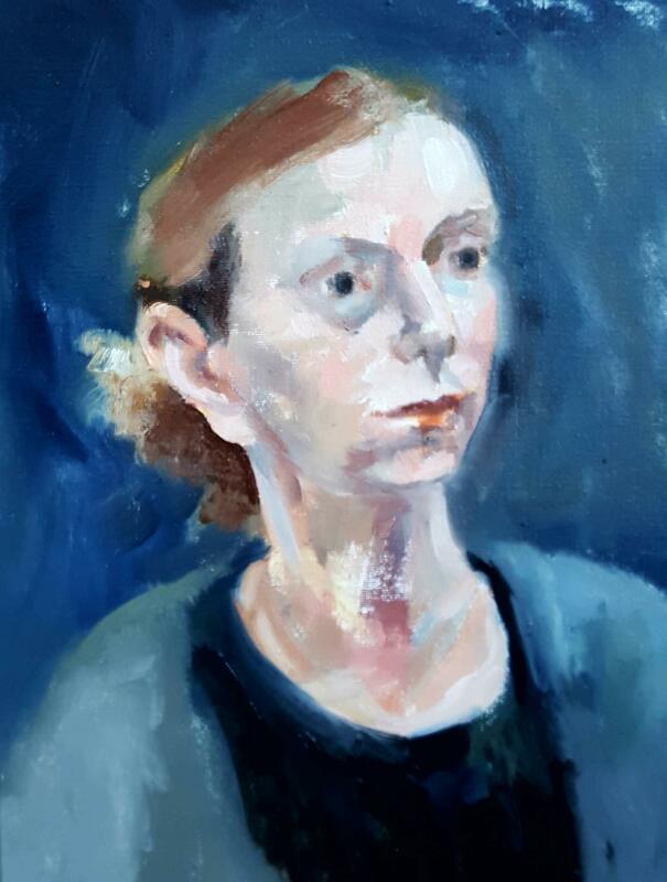 Portrait of Lucy Stopford. Oil on board. Made in her studio. 45 min pose. 