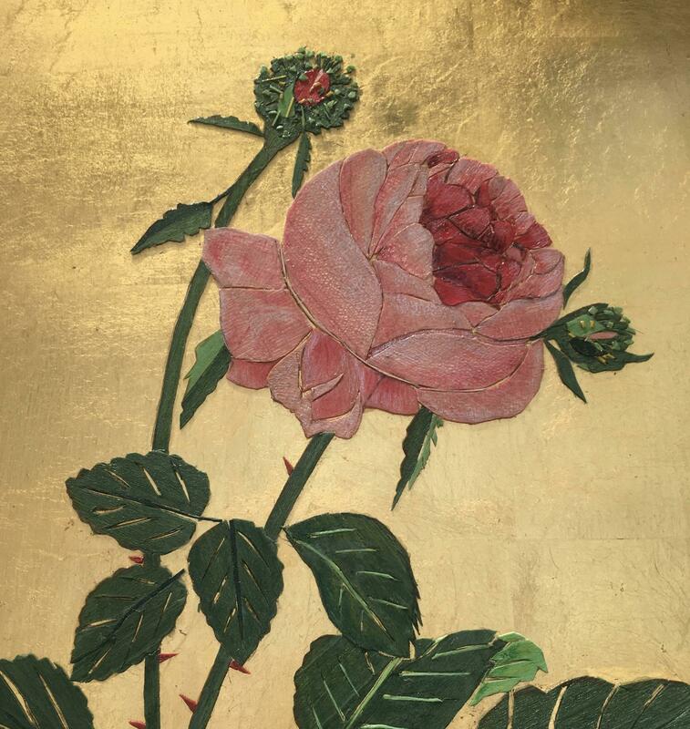 Rose picture, veneers inlay, gold leaf background, 29x23cm. £500