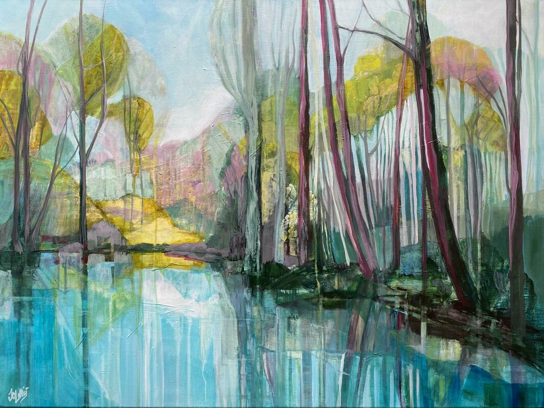 'Spring Lagoon', woodland pond painting