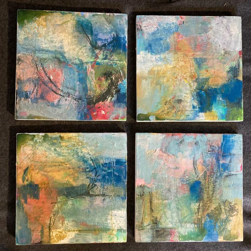 Small Thoughts. Four small cradled panels 20x20 cm. Acrylic and mixed media £20 each or 4 for £70