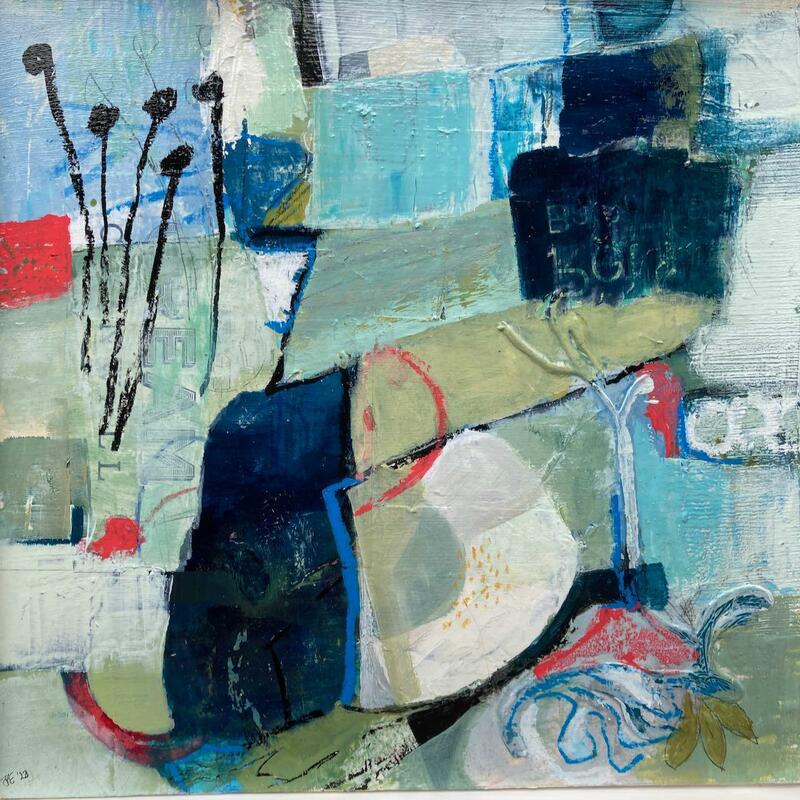 St Ives 1.  Acrylic, collage and mixed media on MDF panel  40 x 40cm £120 framed in white float frame