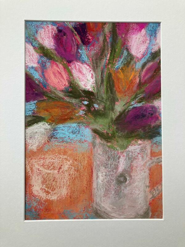 Tulips in Jan's Jug.  Soft pastel on paper.  40x30 cm £70 framed in white frame under glass