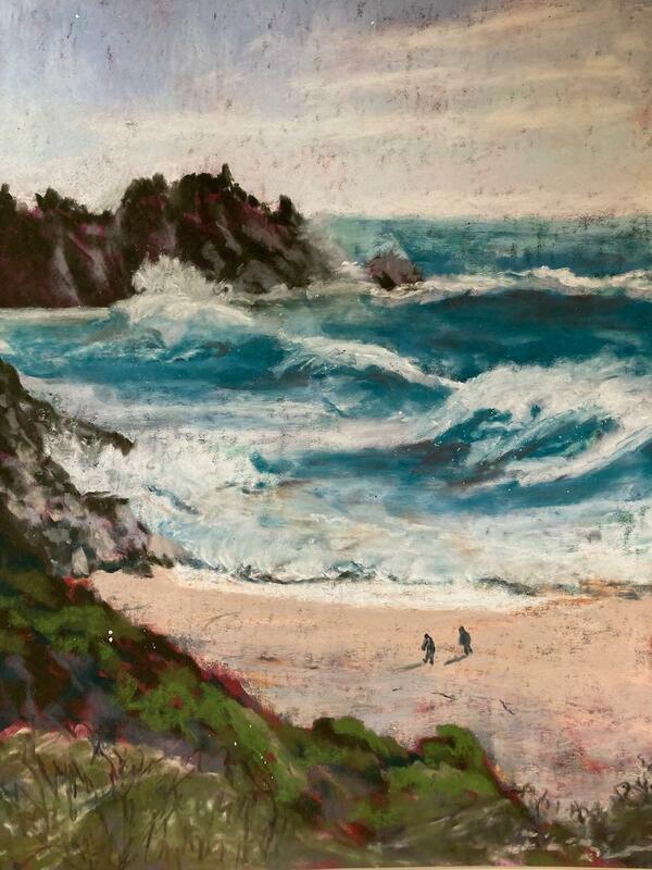 Windy Day, Cornwall.  Soft pastel on paper.  40x30 cm £70 framed in white frame under glass