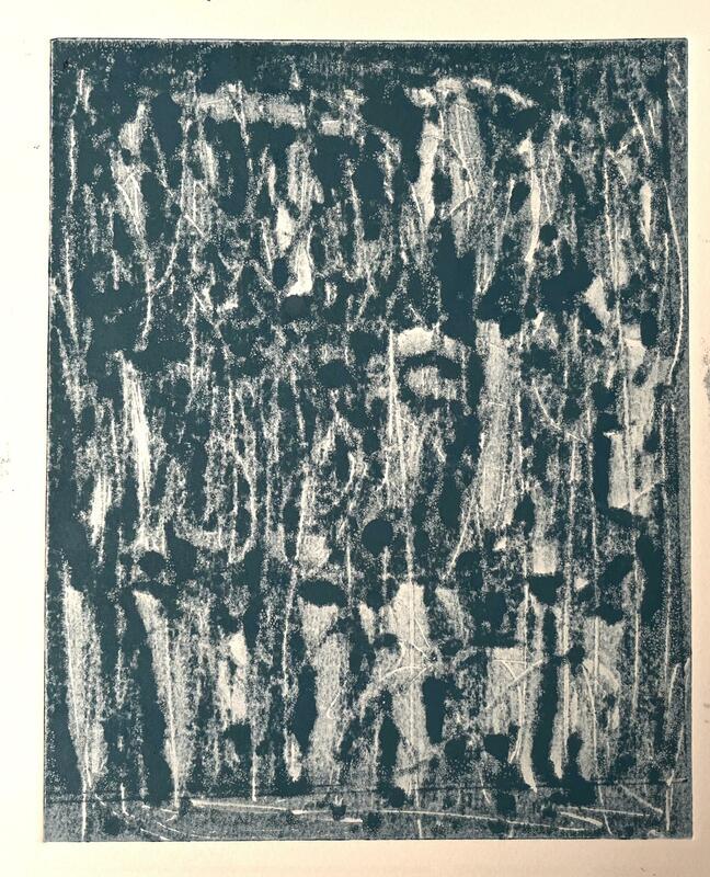 Mono print on paper.  'I can't see the wood for the trees'.