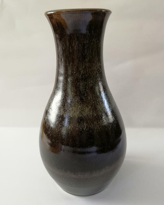 Tall vase, tenmoku glaze with overglaze