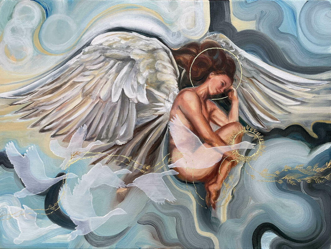 Angel of the Thames: An original oil painting showing an angel, dreamily suspended above an abstract depiction of the River Thames, surrounded by flying geese. The angel and lead goose have halos in 22ct gold leaf. By Oxford artist Karina Tarin