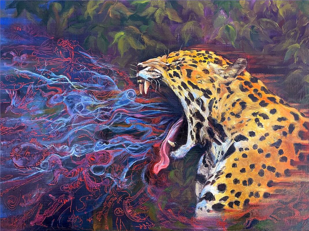 Breathing Life: An original oil painting of a leopard 'breathing' all forms of life into the world. By Oxford artist Karina Tarin